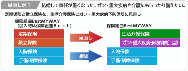 定期保険と積立保険を、生活介護保険とガン・重大疾病予防保険に見直し例