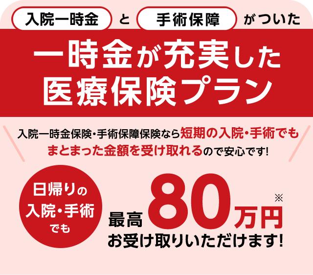 入院一時金と手術保障がついた 一時金が充実した医療保険プラン 入院一時金保険・手術保障保険なら短期の入院・手術でもまとまった金額を受け取れるので安心です! 日帰りの入院・手術でも最高80万円※お受け取りいただけます!