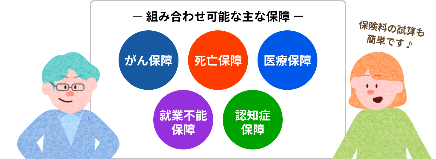 組み合わせ可能な主な保障 がん保障/死亡保障/医療保障/就業不能保障/認知症保障 保険料の試算も簡単です♪