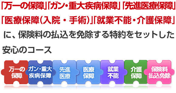 「万一の保障」「ガン・重大疾病」「医療保障」「介護保障」に、保険料の払い込みを免除する特約をセットした安心のコースです。