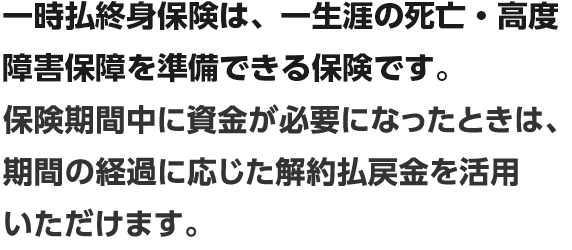 一時払終身保険は、一生涯の死亡・高度障害保障を準備できる保険です。保険期間中に資金が必要になったときは、期間の経過に応じた解約払戻金を活用いただけます。